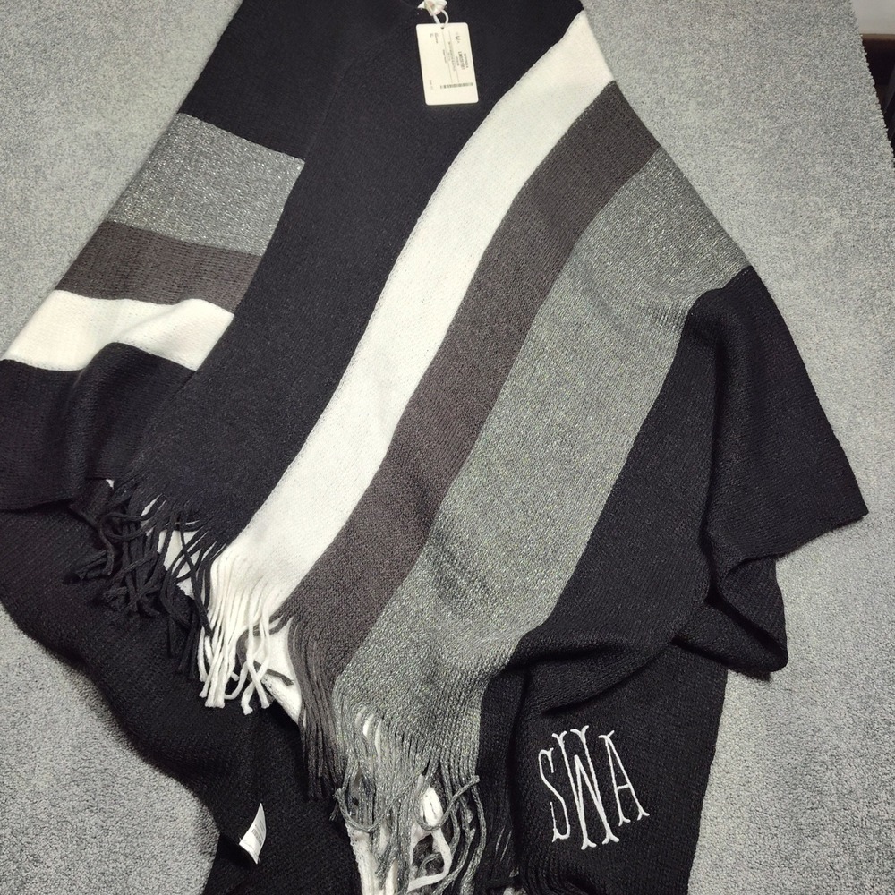 Marley Lilly Striped Poncho Plus Size Black Gray White Monogrammed Shawl